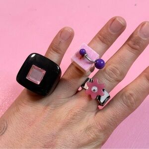 ✿ Y2K Statement Ring Trio – CHUNKS Flower + Handmade Resin ✿